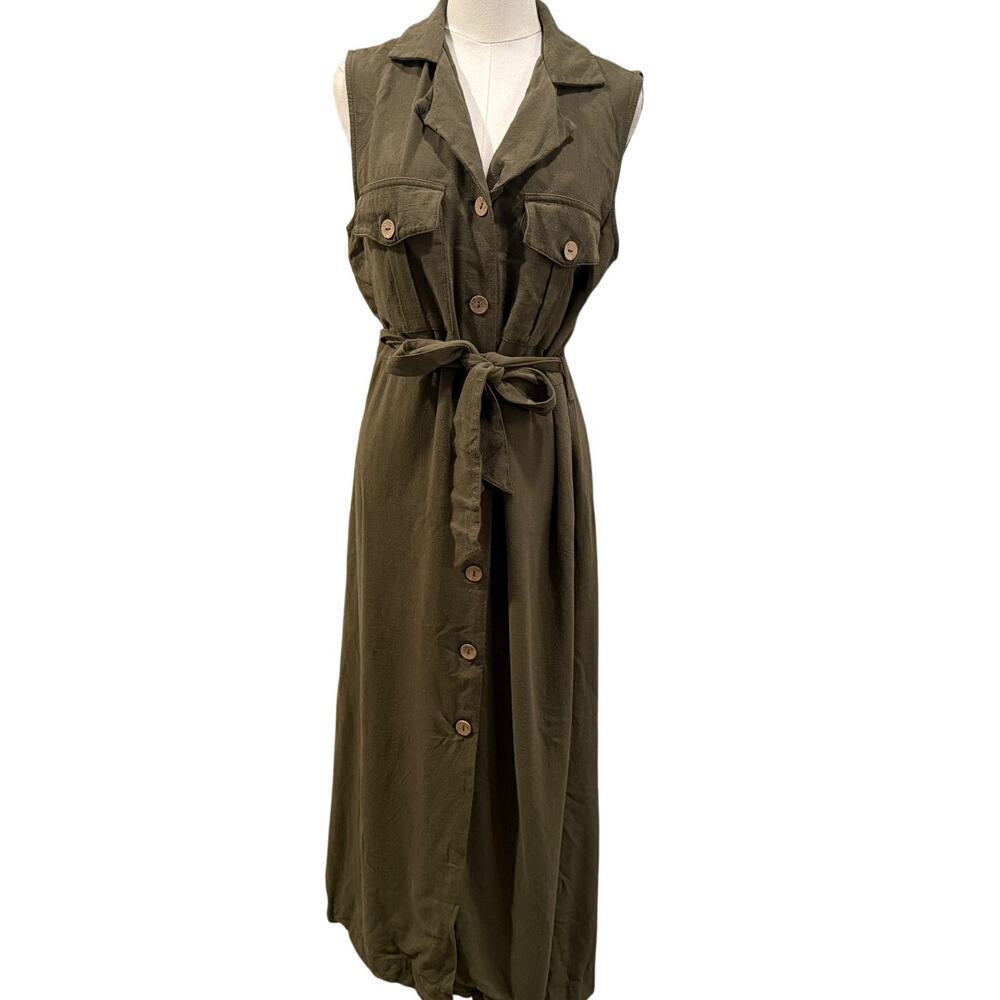 Sleeveless Olive Midi Shirt Dress with Waist Tie